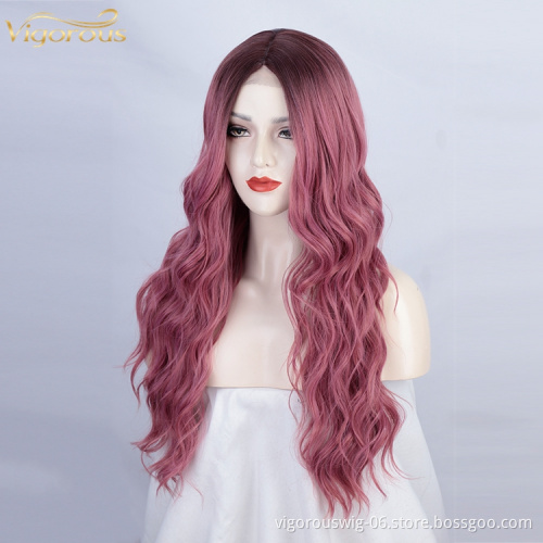 Vigorous Wholesale High quality Top grade Ombre dark red color super long body wave lace front synthetic hair wigs